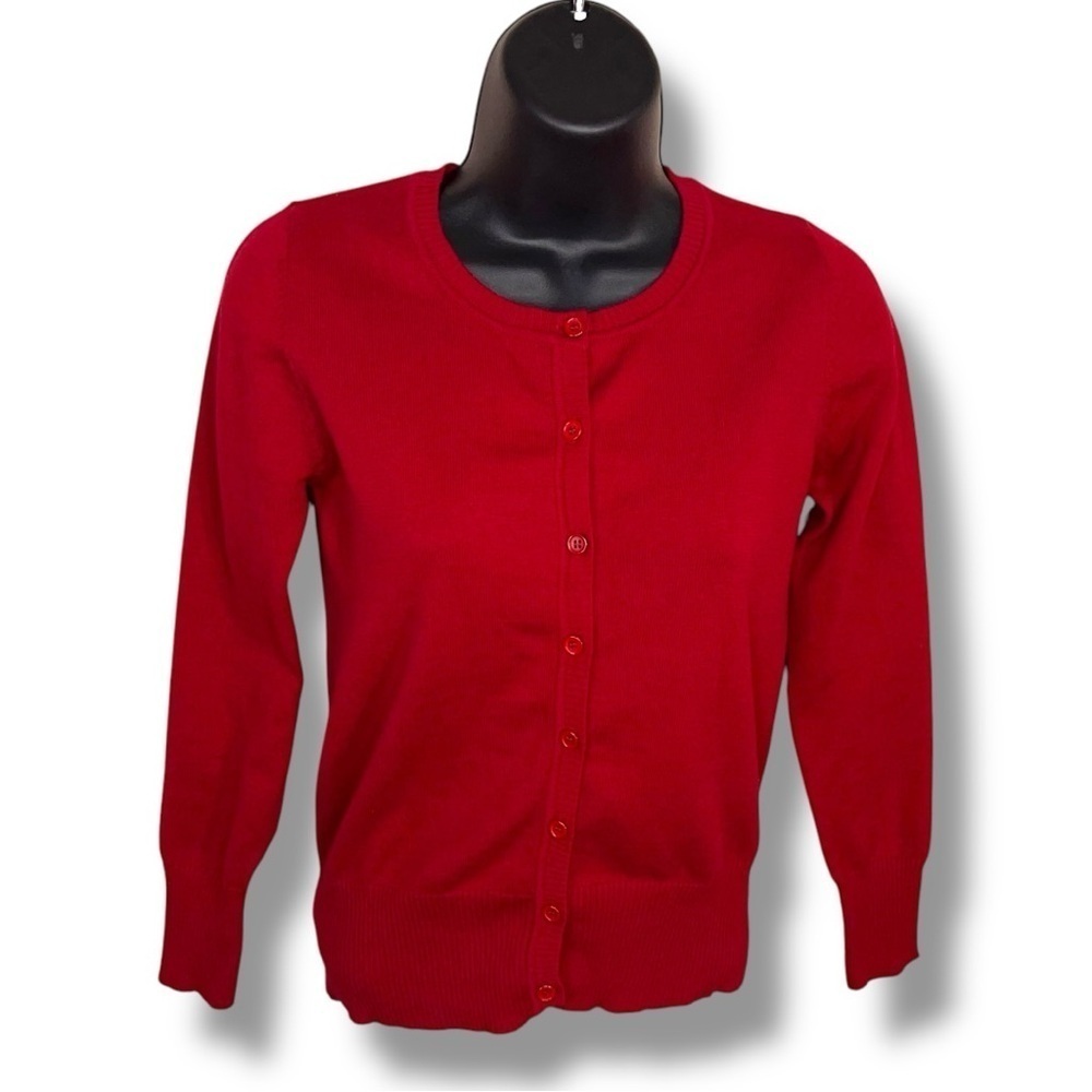 Small Active USA Brand Red Cardigan Sweater Womens Retro Pinup Knit Long Sleeve